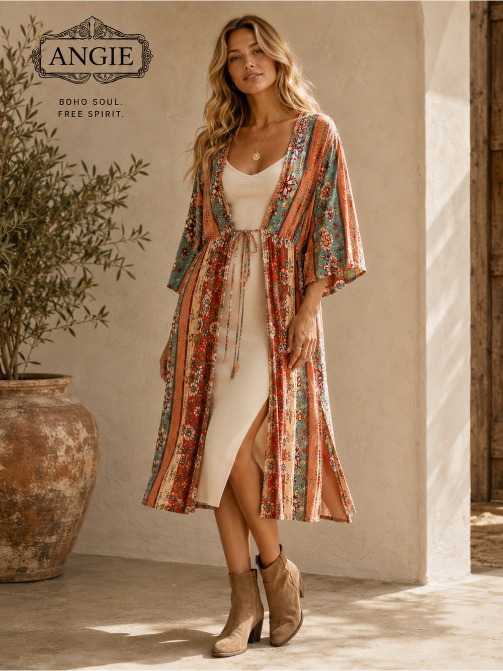 Angie Boho Open Front Tie Duster Cover Up Midi Large Festival Boho Western